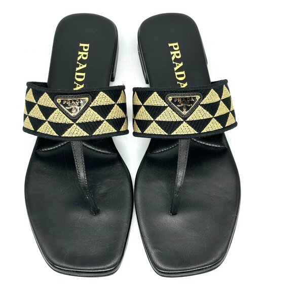 PRADA Triangular Triangle Logo Jacquard Woven T Strap Thong Flat Sandals - Picture 12 of 16